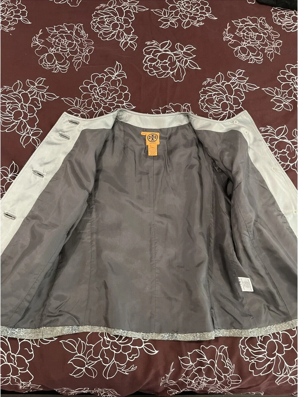 TORY BURCH CROPPED WOMENS METALLIC BLAZER LINEN SILK BLEND SIZE 12 VGC